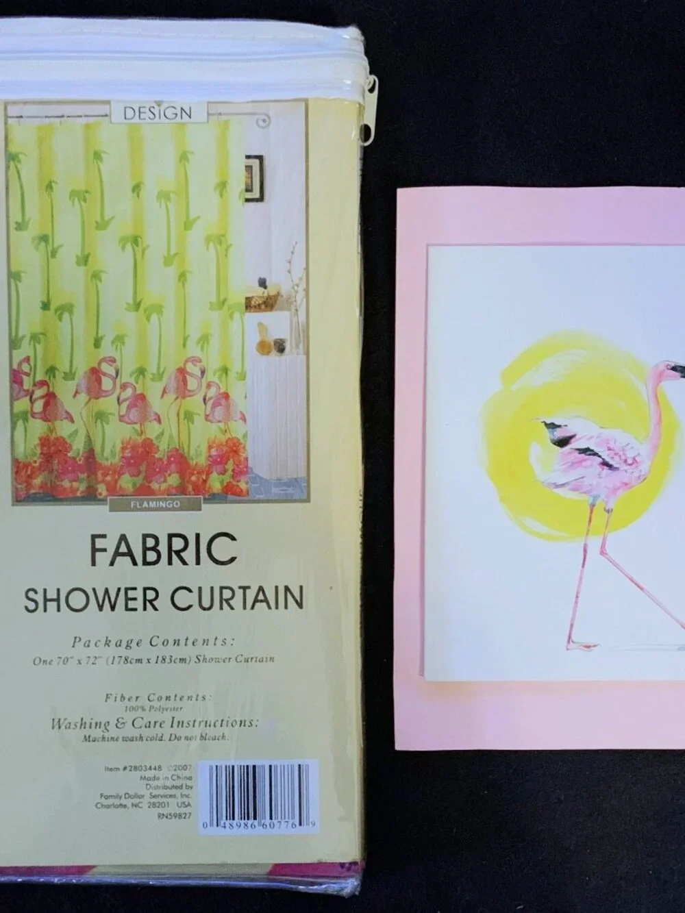 NEW Tropical Flamingo & Hibiscus Fabric Shower Curtain & Flamingo Art Card